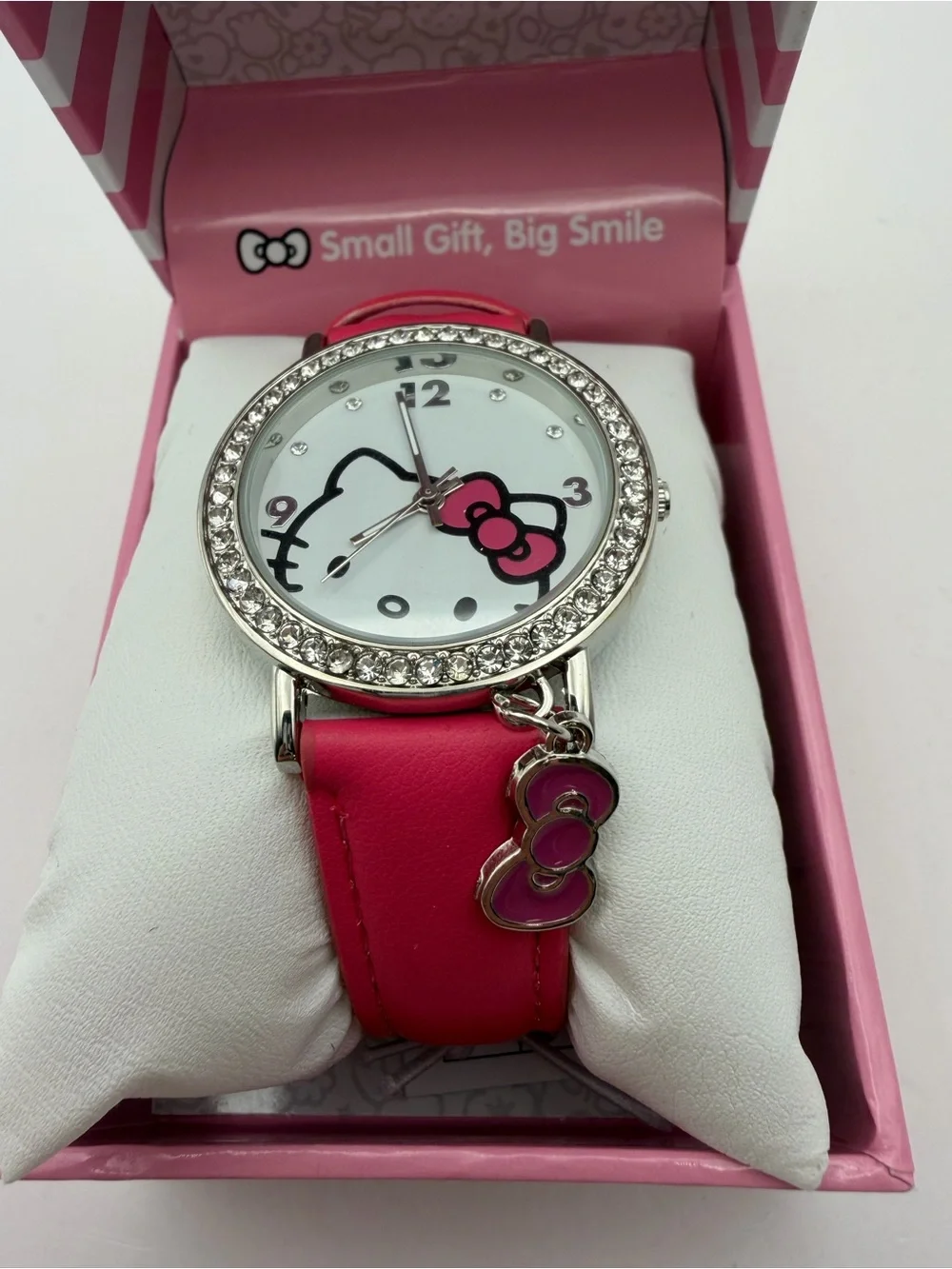 Hello Kitty Watch Silver Crystal Bezel Pink Bow Charm Leather Strap Running New